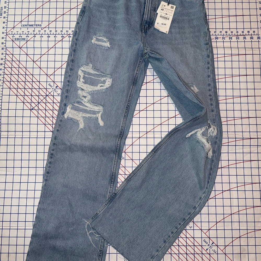 Zara Blue Straight Jeans with Distressed Details